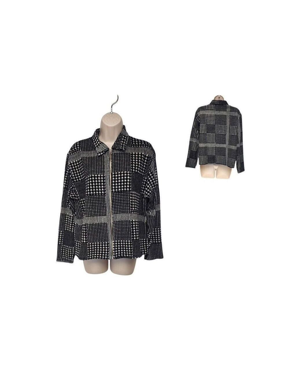 Jason Women’s Black SOFT Houndstooth Full Zip Long Sleeve Sweater Jacket Size M